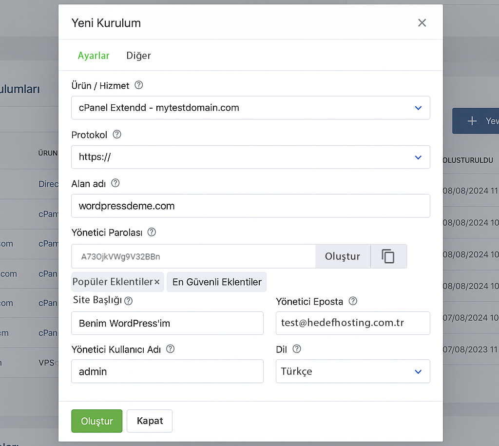 wordpress hosting yönetim paneli
