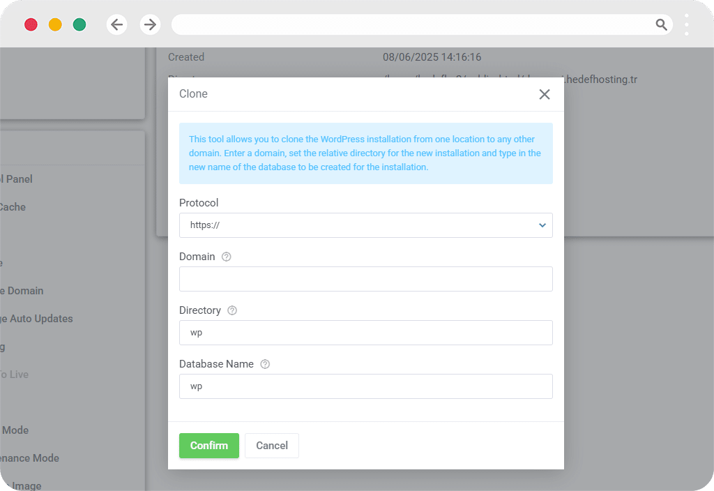 Websitesini Klonla — WordPress paneli