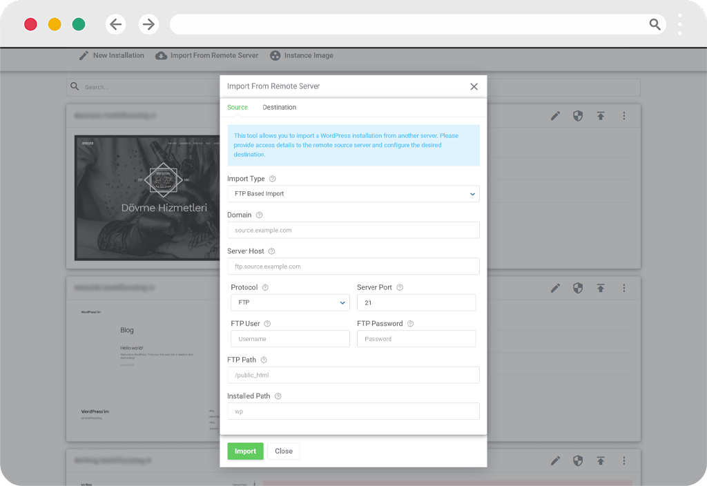 Uzaktan İçe Aktarma — WordPress paneli