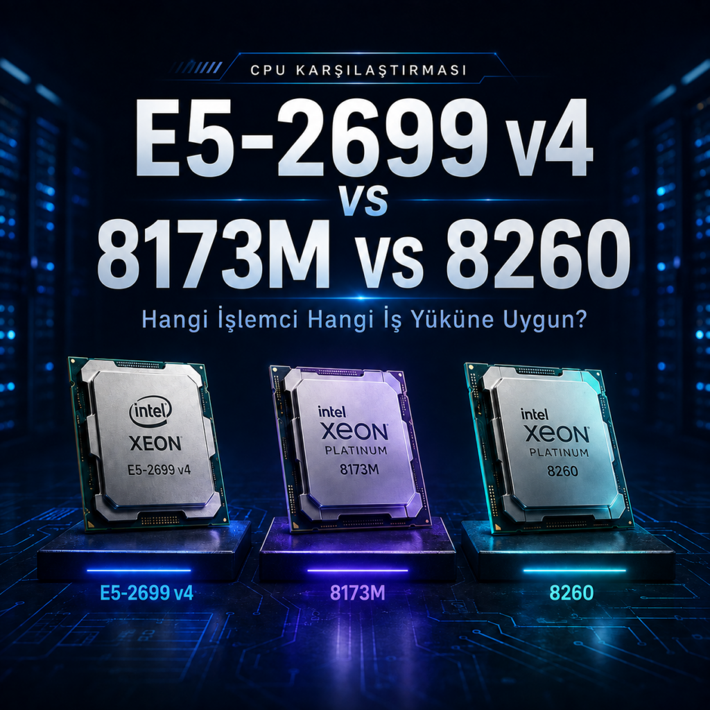 E5-2699 v4, Xeon Platinum 8173M ve 8260 işlemci karşılaştırma görseli