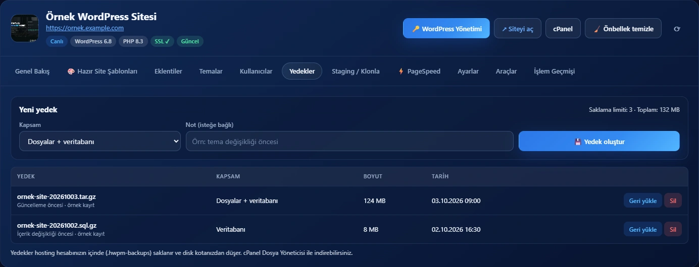 WordPress Manager yedekleme ve geri yükleme ekranı
