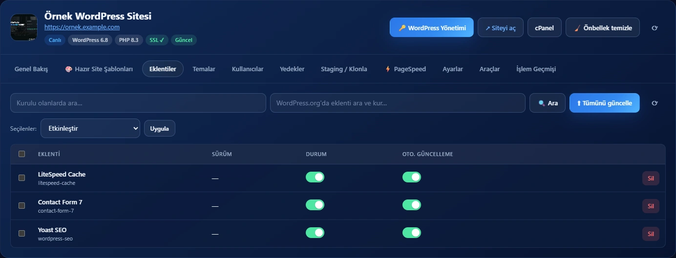 WordPress Manager tema ve eklenti yönetim ekranı
