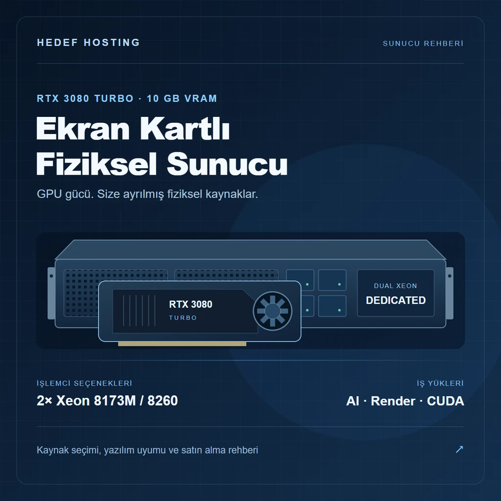RTX 3080 Turbo 10 GB ekran kartlı, çift Intel Xeon 8173M veya 8260 işlemcili fiziksel sunucu kiralama rehberi